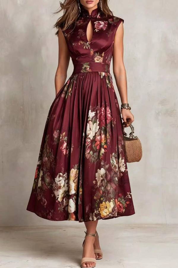 New Chinese Keyhole Cutout Satin Floral Print Midi Dress