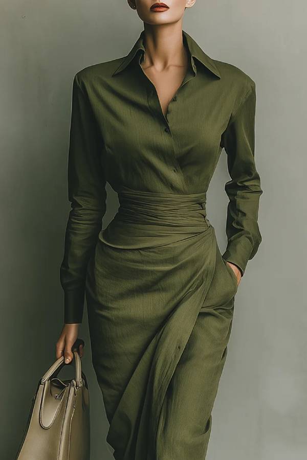 Army Green Cotton Blended Maxi Dress