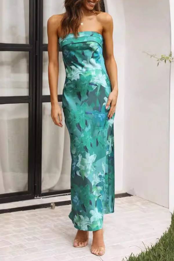 Strapless Satin & Print Fitted Maxi Dress