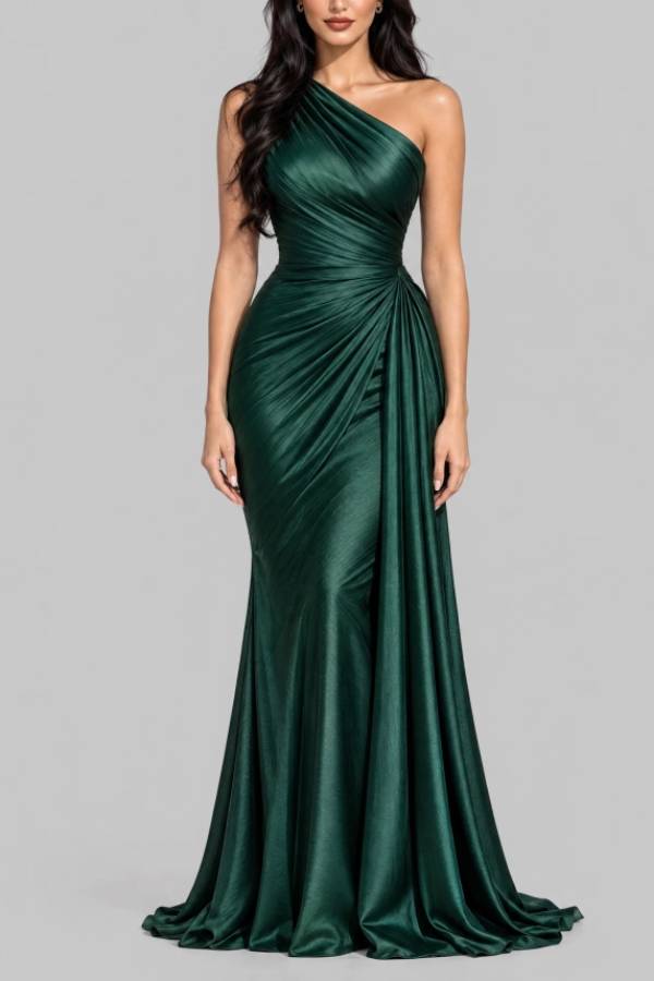 Emerald Green One Shoulder Ruched Satin Maxi Dress Elegant Evening Gown