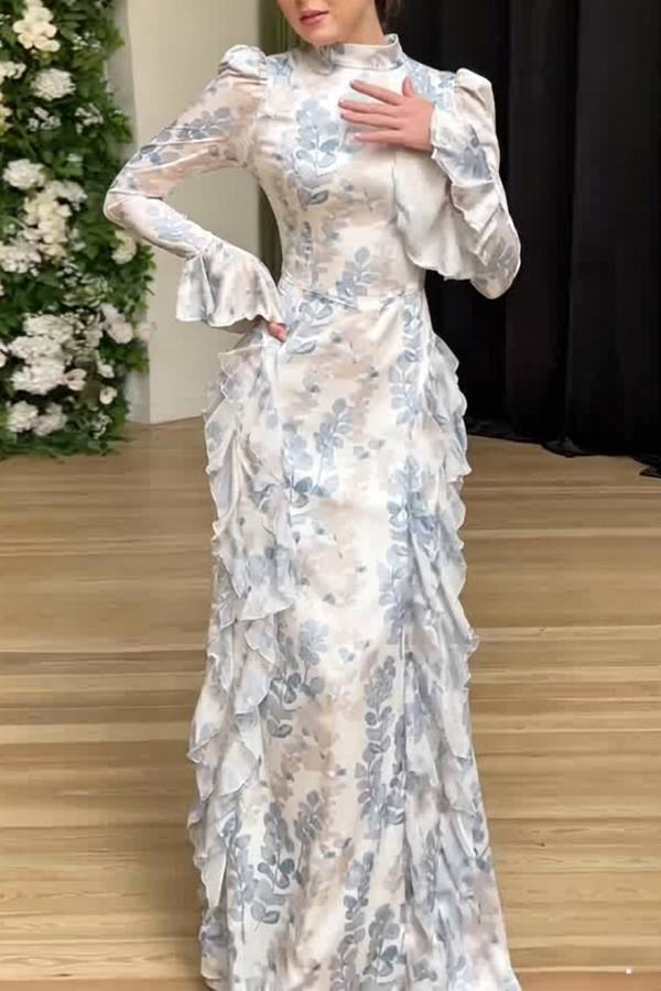 Mock Neck Puff Sleeve Flare Cuff Blue Ink Floral Ruffle Mermaid Maxi Evening Dress