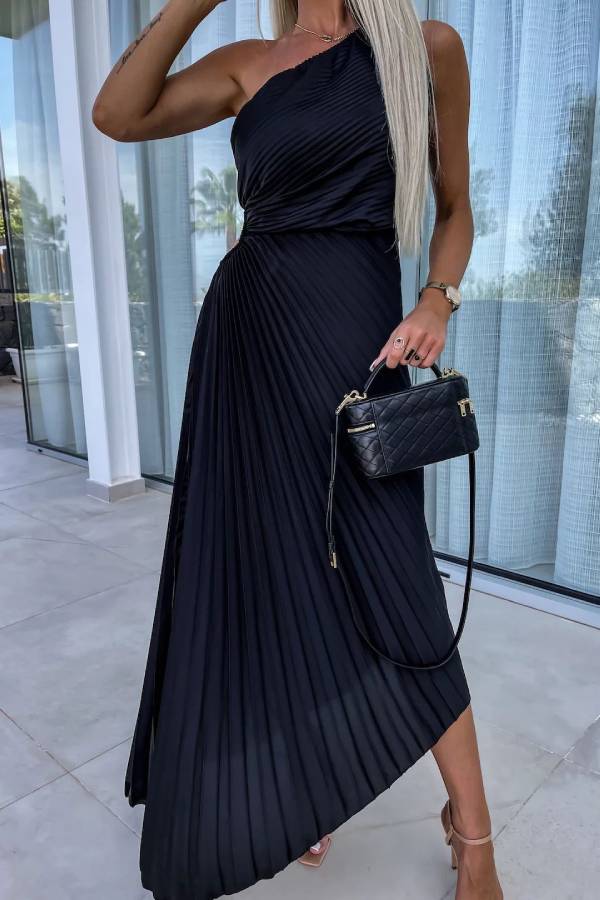 One-Shoulder Pleated Cutout Flare Maxi Dress