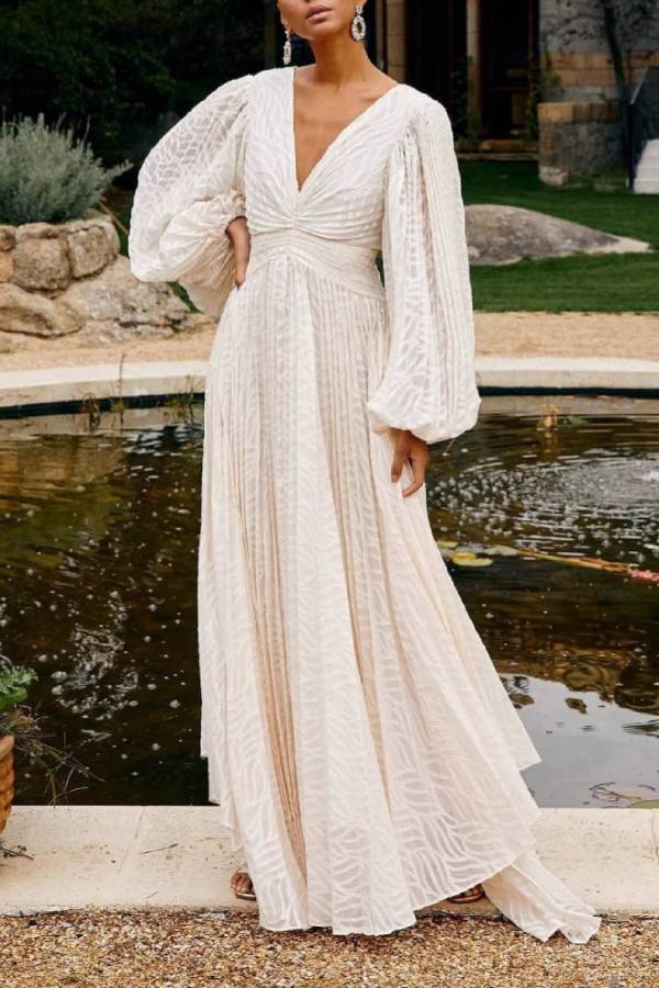 Textured Jacquard V Neck Puff Sleeve Backless Maxi Dress