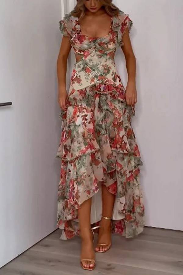 V-neck ruffled printed dress