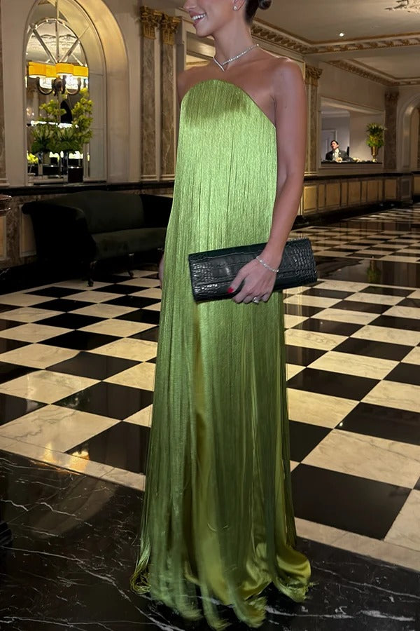 Dreamy Eye-catching Shiny Fringes Off Shoulder Floor-length Gown Maxi Dress