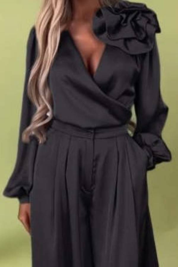 3D floral satin wide-leg pants suit