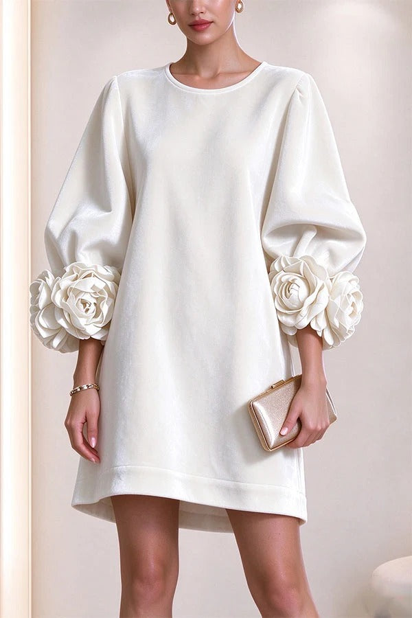 Rima Velvet Flowers Floral Cuffs Half Sleeve H-line Mini Dress
