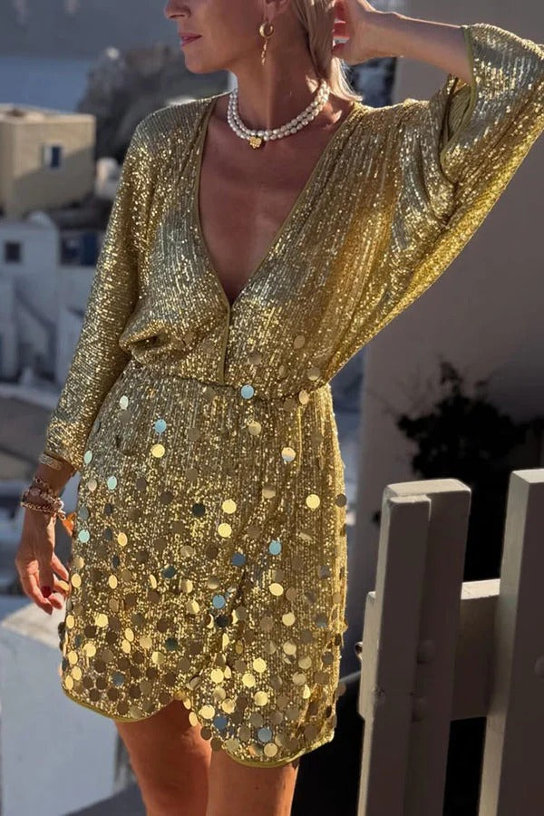 Golden Vacation Irregular Sequins V-neck Long Sleeve Wrap Mini Dress