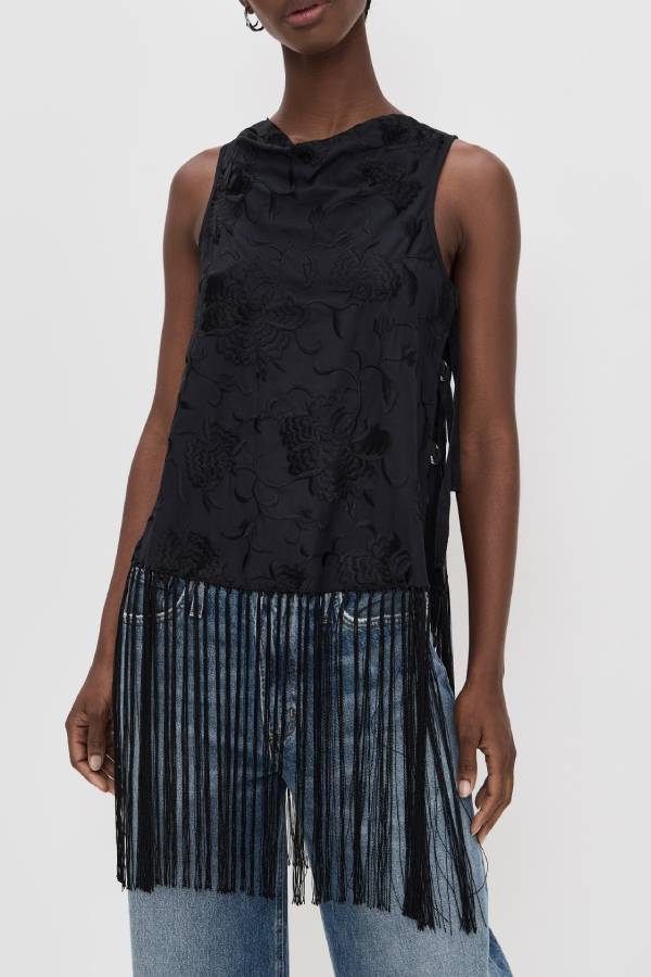 Black Floral Embroidered Tassel Sleeveless Top