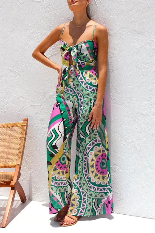 Spaghetti Strap Cut Out Wide Leg Printed Jumpsuit
