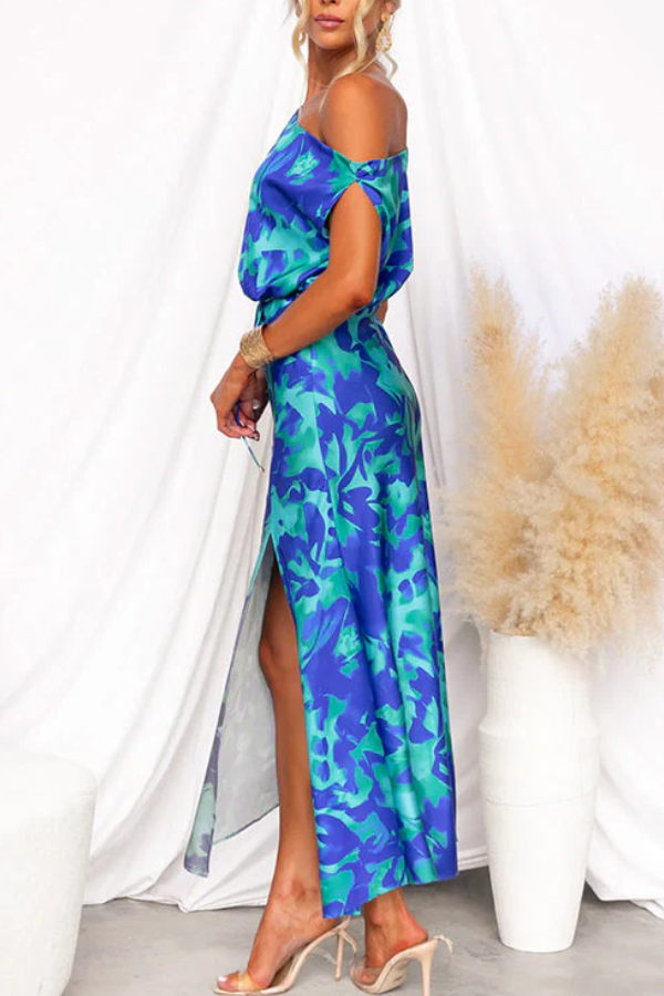 One Shoulder Tie Waist Slit Floral Print Maxi Dress
