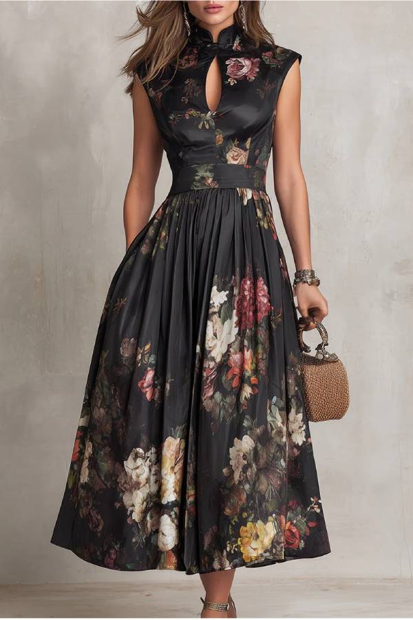 New Chinese Keyhole Cutout Satin Floral Print Midi Dress