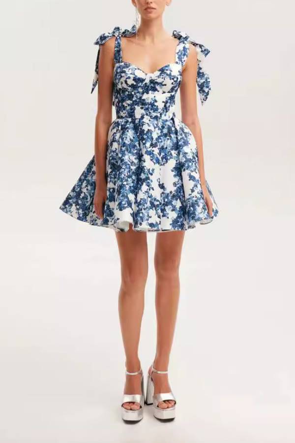 Multi-Color Print Tie Backless Corset Bow Mini Dress
