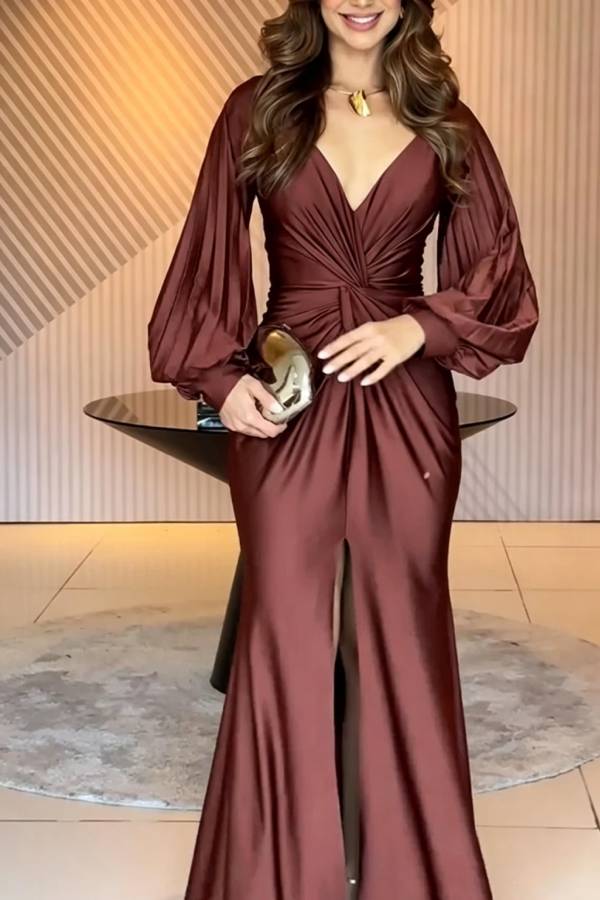 Raise A Toast Satin Long Balloon Sleeve Twist Waist Slit Maxi Dress