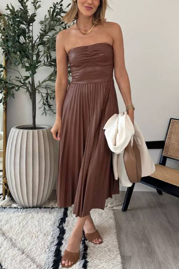 Strapless Pleated Faux Leather Midi Dress