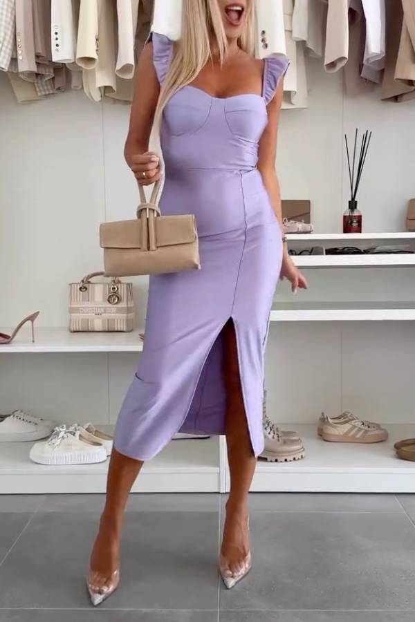 Ruffled Strap Slit Slim-Fit Dress