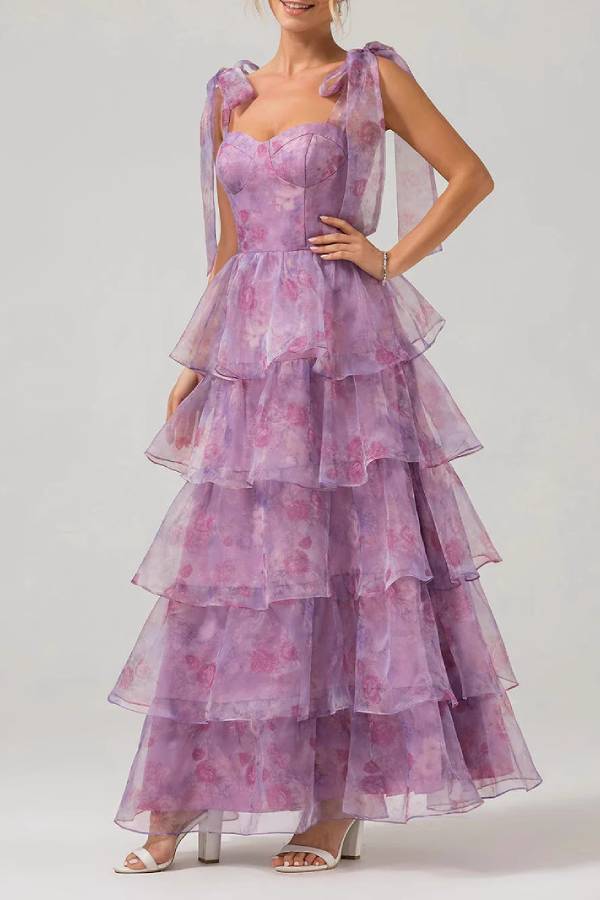 Purple Floral Print Bustier Tie Tiered Organza Gown
