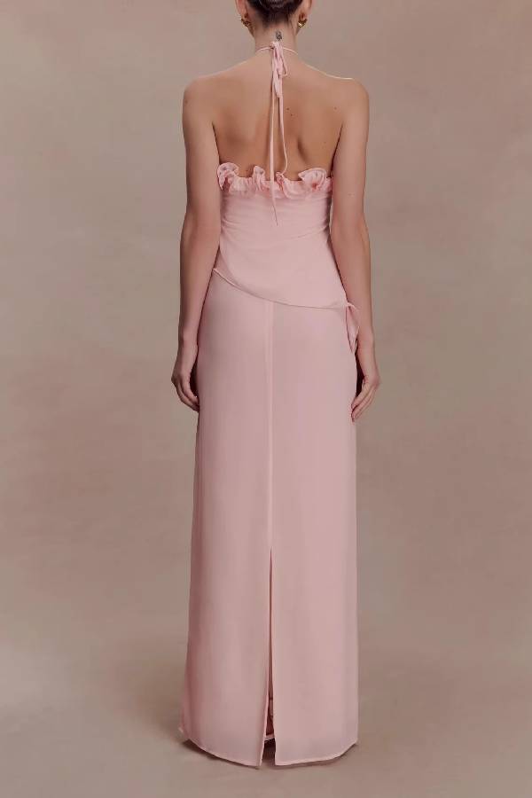 3D Rose Ruffle Halter Open Back Slim Maxi Gown
