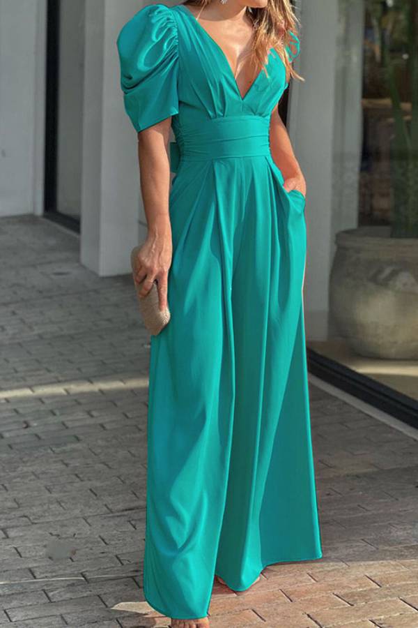 V-Neck Puff-Sleeve Waisted Wide-Leg Jumpsuit
