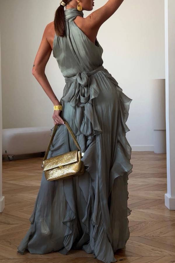 Halter Tie‑Up Ruffled Shiny Evening Maxi Dress