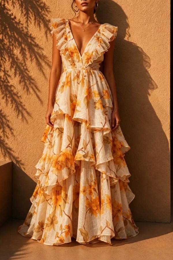 Deep V Ruffle Sleeve Floral Tiered Ruffle Maxi Vacation Dress