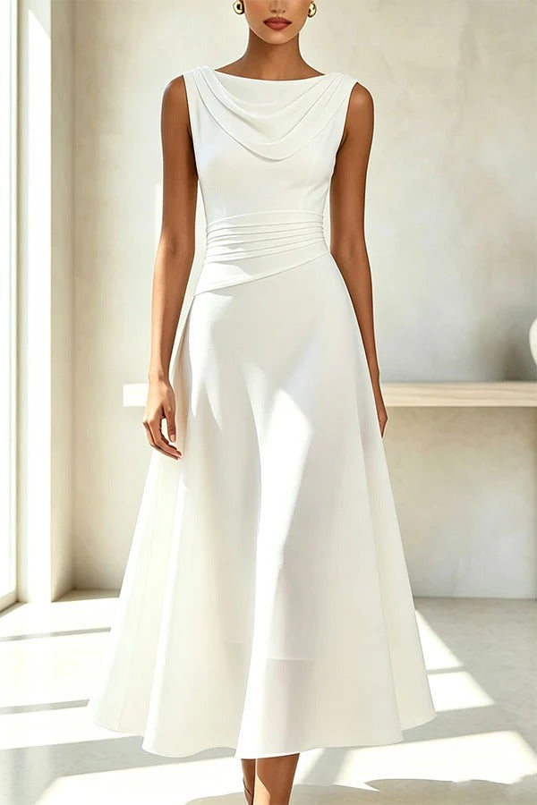 Solid Color Swing Collar Sleeveless Elegant Fitted Waist Full Hem Midi Dress