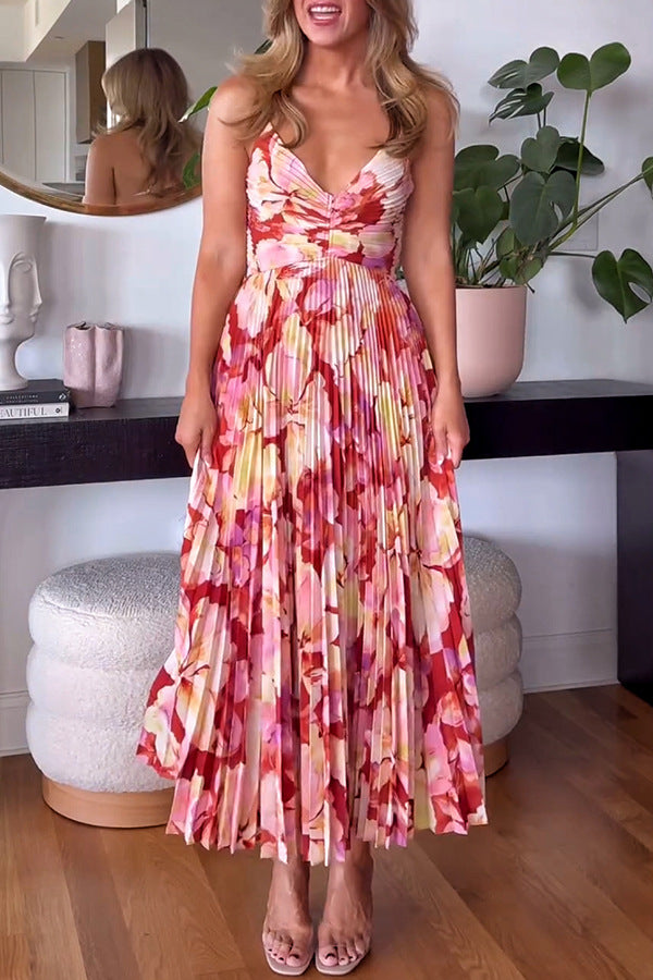 Watercolor Floral V-Neck Spaghetti Strap Pleated Midi Dress
