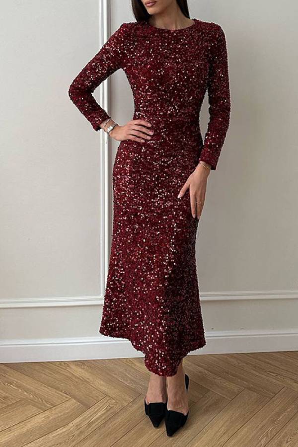 Long Sleeve Sequin Midi Mermaid Evening Dress
