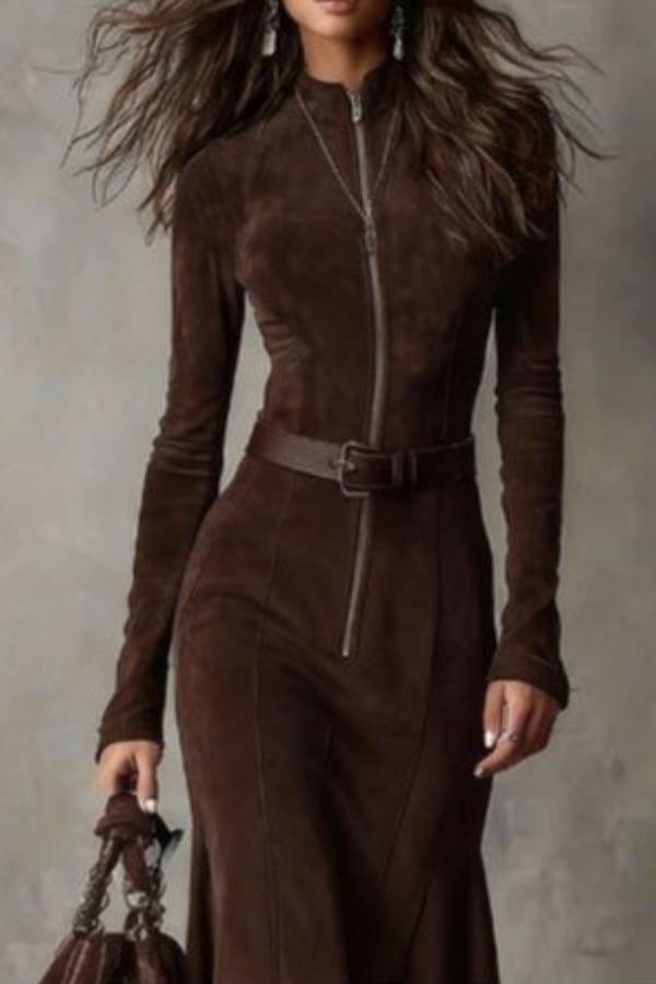 Brown Vintage Zipper Belted Midi Dress