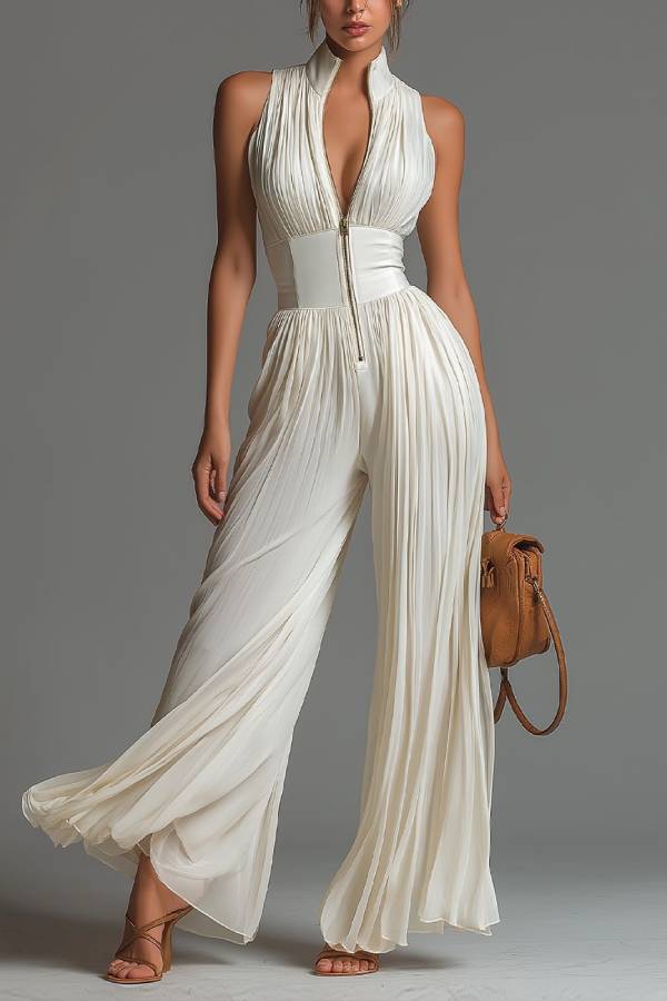 Stand Collar Pleated High Waist Wide Leg Jumpsuit