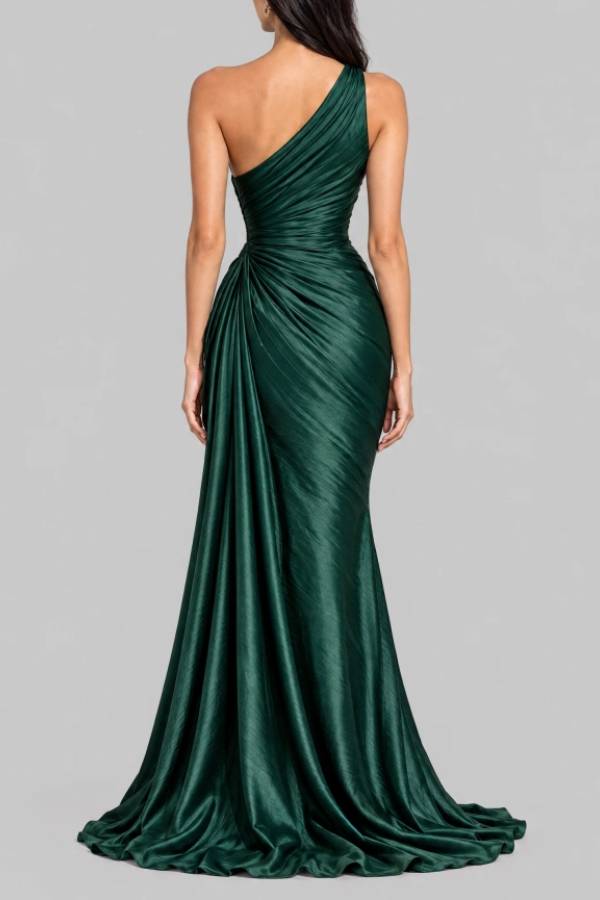 Emerald Green One Shoulder Ruched Satin Maxi Dress Elegant Evening Gown