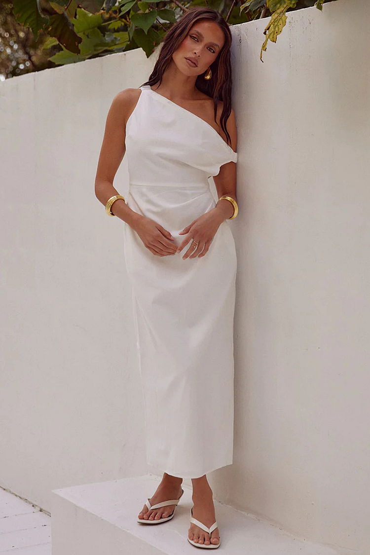 Solid Color Skew Neck Slim Fit Sleeveless Midi Dresses