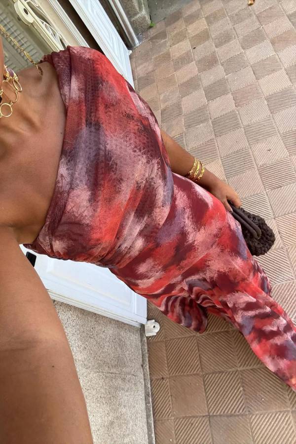 Asymmetrical Shoulder Ruched Ink Tie-Dye Mesh Flare Maxi Evening Dress