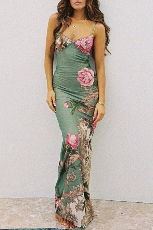Thin Strap V-Neck Stretch Drape Printed Slim-Fit Bodycon Maxi Dress