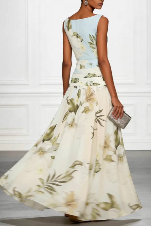 Boat-Neck Sleeveless Floral Print Maxi Dress