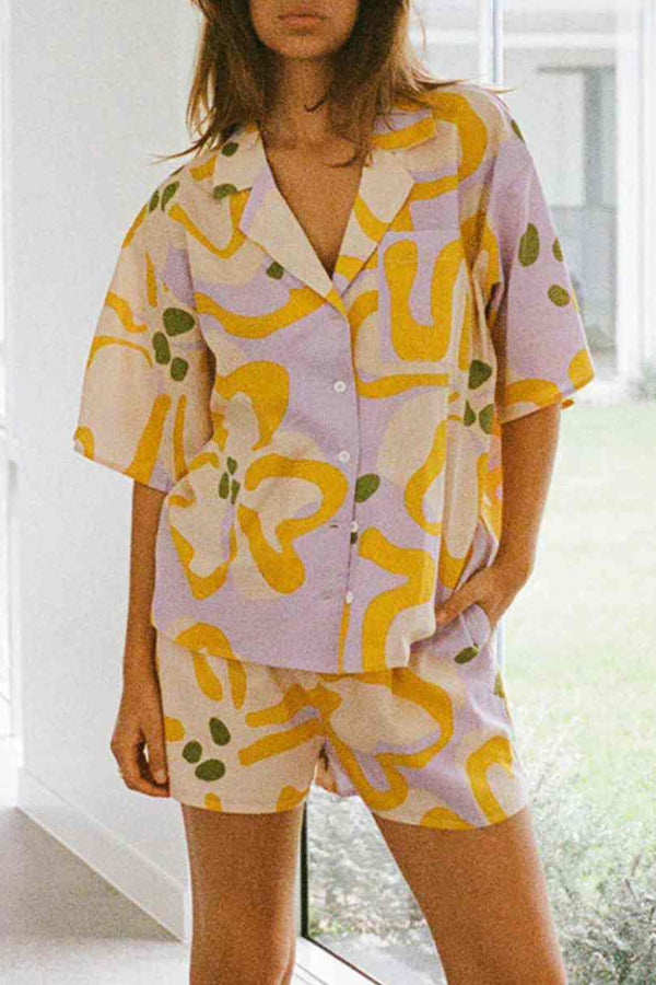 Abstract Flower Print Two -piece Suit