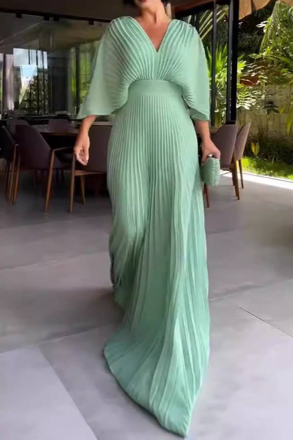 Deep V Batwing Sleeve Pleated Waist Cinched Maxi Evening Gown