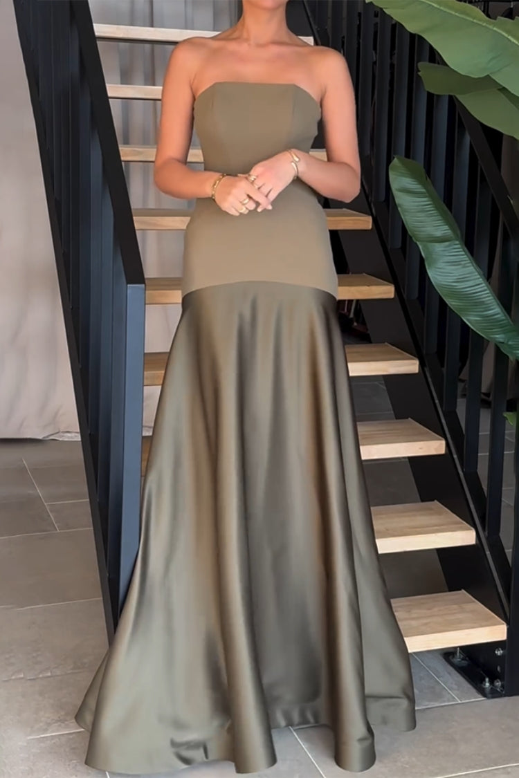 TIMELESS ELEGANCE SATIN PATCHWORK STRAPLESS FLARE GOWN MAXI DRESS