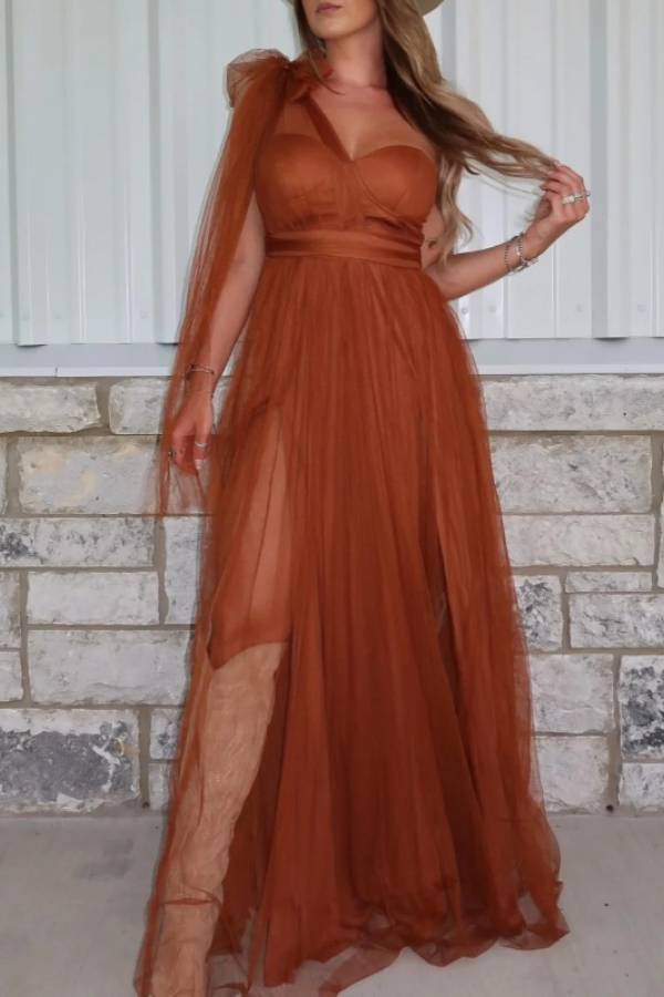 Multi-Color One-Shoulder Tulle Bow Slit Maxi Formal Dress