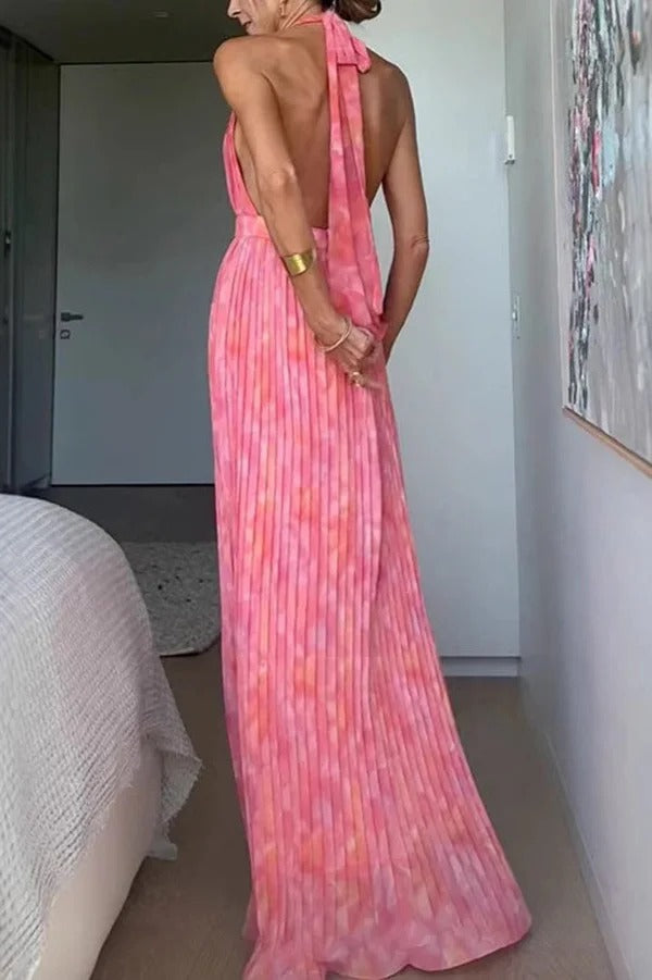 Unique Print Sexy Halter Neck Tie Pleated Vacation Maxi Dress