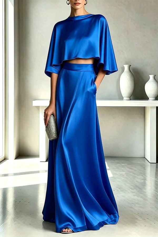 Timeless Luxurious Satin Batwing Sleeve Crop Top and High Rise Pocket Maxi Skirt Set