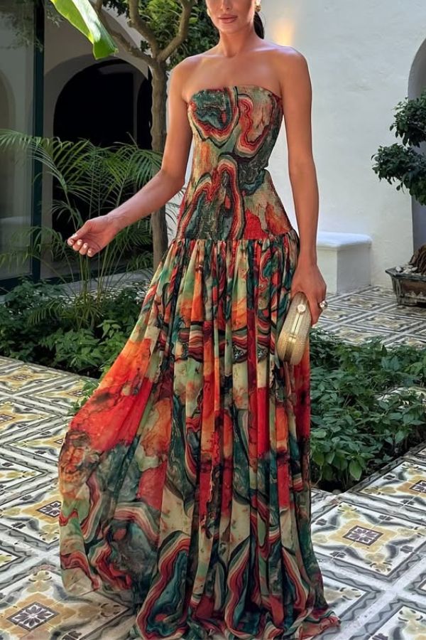 Vacay Vibes Colorful Lava Print Off Shoulder Smocked Scarf Maxi Dress