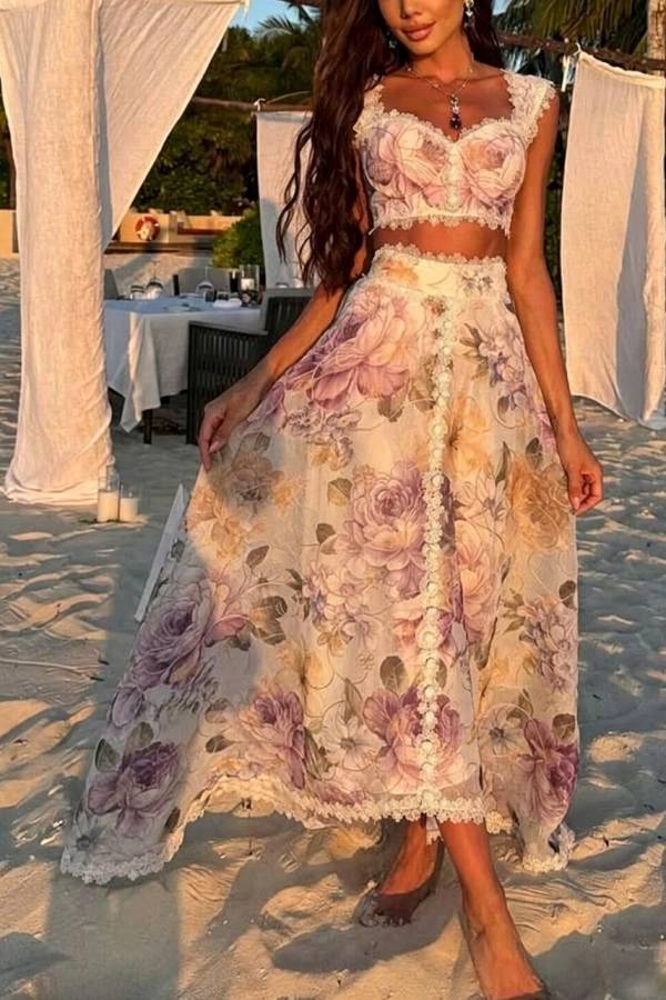 Romantic and Beautiful Floral Print Lace Trim Sweetheart Neck Tank and High Rise Maxi Skirt Set
