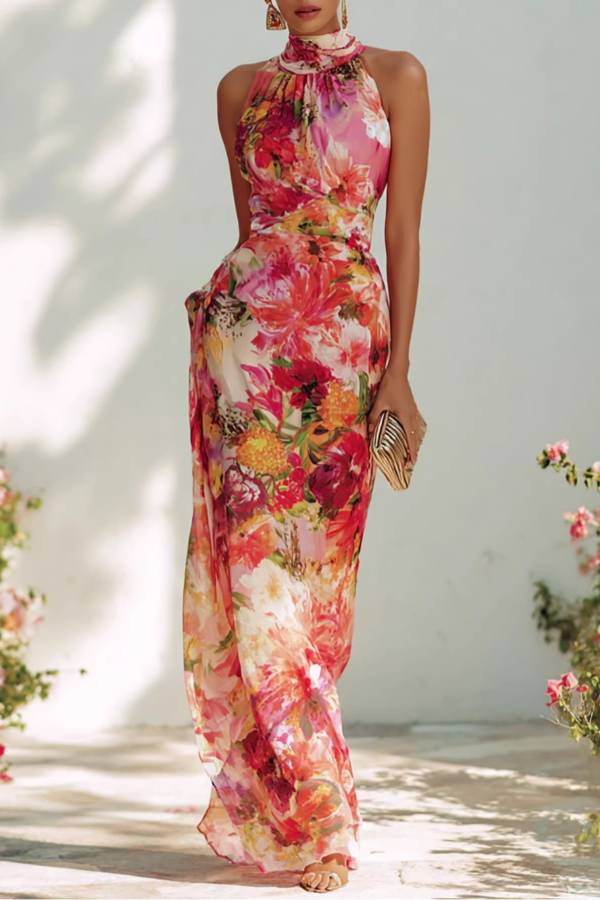 Halter Sleeveless Watercolor Floral Ruched Bodycon Maxi Vacation Dress
