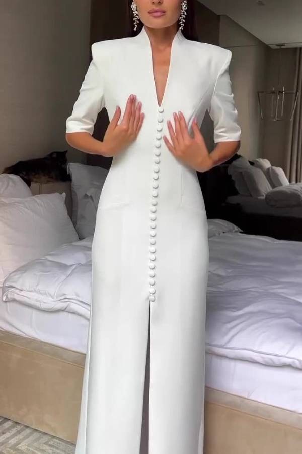 Stand Collar Padded Shoulder Button Front Slit Long Evening Gown