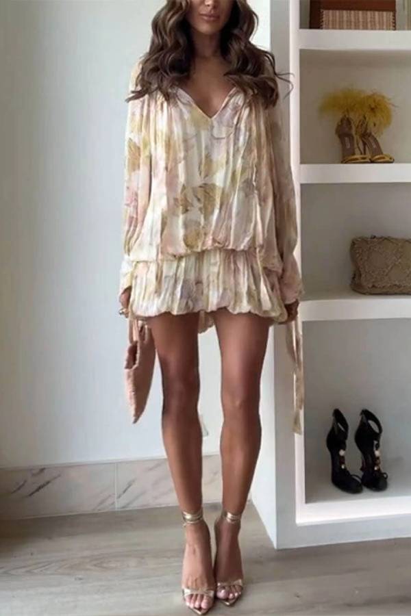 Beautiful Butterfly Kisses Floral Balloon Sleeve Elastic Waist Puff Hem Mini Dress