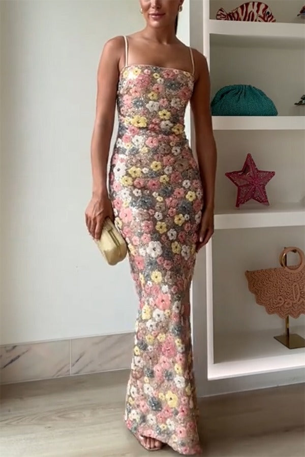 80's Inspired Floral Print Sequin Square Neck Slip Stretch Maxi Dress