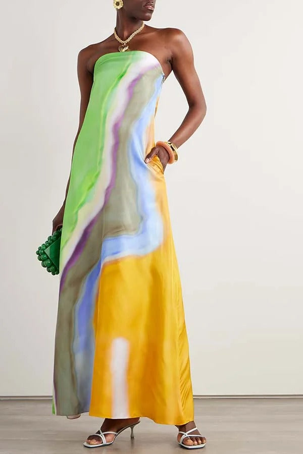 Artistic Rainbow Satin Watercolor Print Off Shoulder Pocketed H-line Maxi Dress