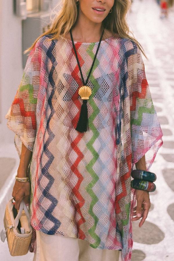 Sun Washed Knit Colorful Zigzag Pattern Asymmetric Hem Loose Cover-ups Kaftan