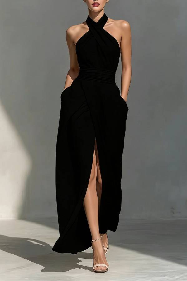Halter Cross-Wrap Waist Slit Maxi Dress
